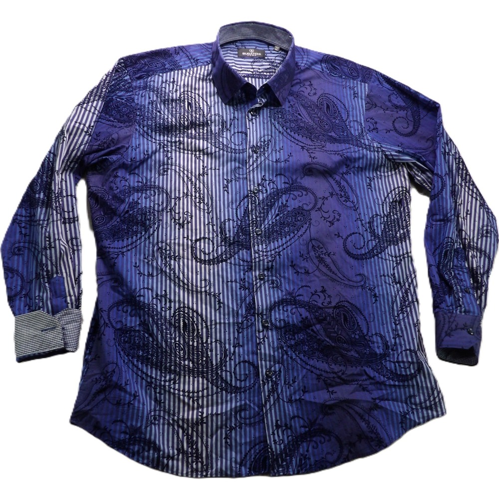 Bugatchi Uomo Paisley Striped Flocked Shirt Cotton Textured Poly Men XXL Purple